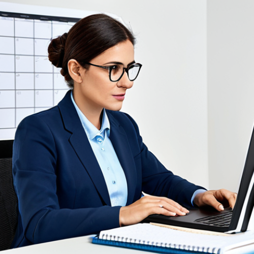 Home 6 A professional blogger, an adult, fully clothed in a modest business casual outfit, sits at a modern desk in a well-lit home office. They are focused on a laptop screen displaying a content calendar and analytical data, with a thoughtful and determined expression. A notebook and pen are neatly placed beside the laptop. The background is clean and minimalistic, suggesting an organized workspace. The overall image conveys a sense of diligent planning and strategic thinking. safe for work, appropriate content, fully clothed, professional dress, perfect anatomy, correct proportions, natural pose, well-formed hands, proper finger count, natural body proportions, high-quality, professional photography.