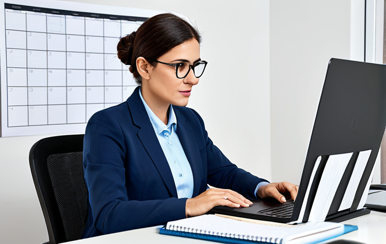 A professional blogger, an adult, fully clothed in a modest business casual outfit, sits at a modern desk in a well-lit home office. They are focused on a laptop screen displaying a content calendar and analytical data, with a thoughtful and determined expression. A notebook and pen are neatly placed beside the laptop. The background is clean and minimalistic, suggesting an organized workspace. The overall image conveys a sense of diligent planning and strategic thinking. safe for work, appropriate content, fully clothed, professional dress, perfect anatomy, correct proportions, natural pose, well-formed hands, proper finger count, natural body proportions, high-quality, professional photography.