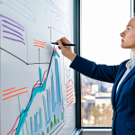 A focused Polish businesswoman in a modest, dark blue business suit, standing in a brightly lit, modern office with large windows overlooking a vibrant city skyline. She is actively brainstorming, writing complex diagrams and abstract "idea clouds" on a clear glass whiteboard with colorful markers, symbolizing the crystallization of her thoughts into concrete plans. The scene captures a dynamic, innovative, and professional atmosphere, with high-quality, professional photography. The subject is fully clothed, in appropriate attire, with perfect anatomy, correct proportions, a natural pose, well-formed hands, proper finger count, and natural body proportions. Safe for work, appropriate content, modest, family-friendly.