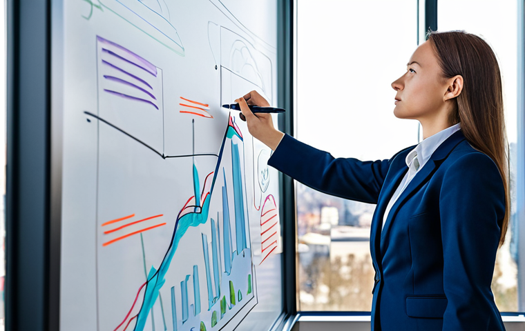 A focused Polish businesswoman in a modest, dark blue business suit, standing in a brightly lit, modern office with large windows overlooking a vibrant city skyline. She is actively brainstorming, writing complex diagrams and abstract "idea clouds" on a clear glass whiteboard with colorful markers, symbolizing the crystallization of her thoughts into concrete plans. The scene captures a dynamic, innovative, and professional atmosphere, with high-quality, professional photography. The subject is fully clothed, in appropriate attire, with perfect anatomy, correct proportions, a natural pose, well-formed hands, proper finger count, and natural body proportions. Safe for work, appropriate content, modest, family-friendly.